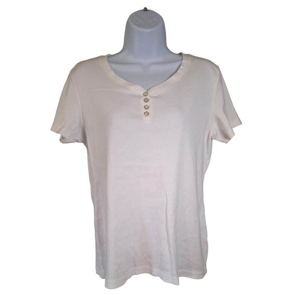 Karen Scott Womens Henley T-Shirt M White Cotton Short Sleeve Casual Minimalist